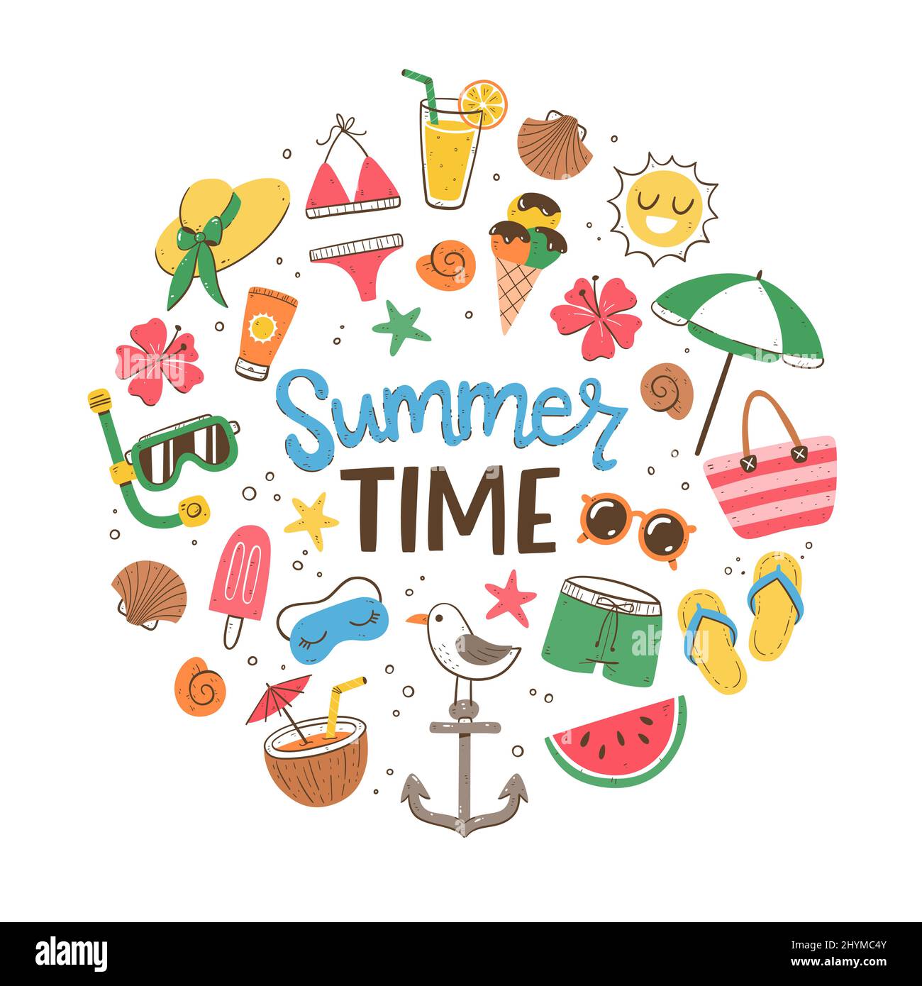 Hintergrund der Sommerzeit. Farbenfroher Style. Niedliche handgezeichnete Sommer-Ikonen. Isolierte Objekte auf weißem Hintergrund. Stock Vektor