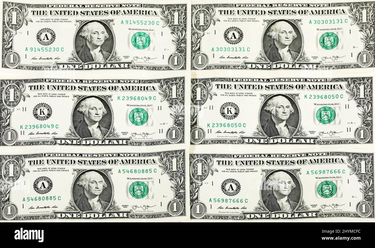1 US-Dollar-Scheine, Banknoten, Banknoten, Vorderseite mit Porträt von George Washington, dem ersten Präsidenten der Vereinigten Staaten von Amerika, Deutschland Stockfoto