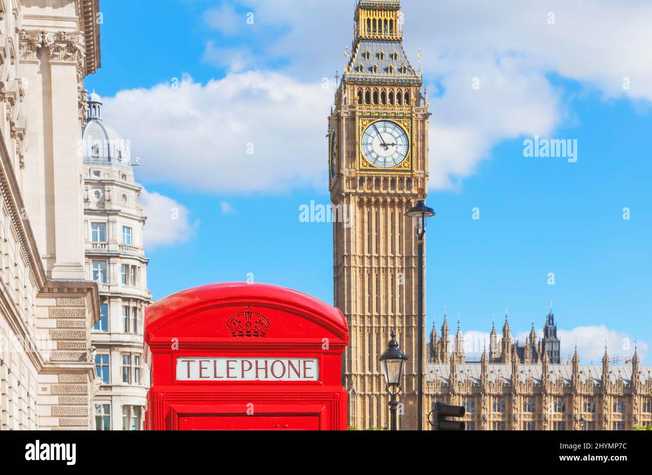 Big Ben und Red Phone Box, London, England, Großbritannien Stockfoto