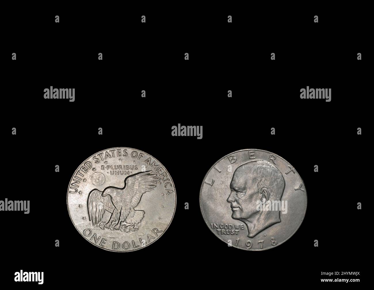 Rückseite einer amerikanischen Dollar-Münze mit der Aufschrift Vereinigte Staaten von Amerika, dem Nominalwert ein Dollar und dem lateinischen Spruch E. pluribus Stockfoto