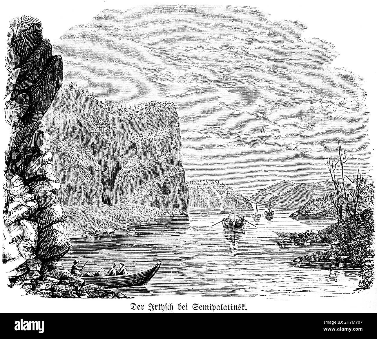 Fluss Irtysch bei Semipalatinsk, Semei, Landschaft, Steilufer, Felsen, Berge, Schiffe, Verkehr, Ruderboot, Grenze Russland, Historische Illustration Stockfoto