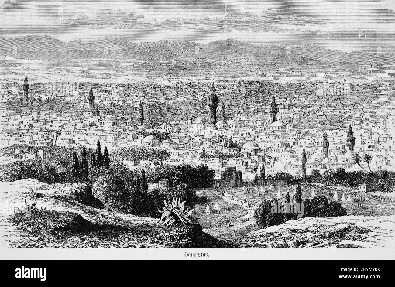 Blick auf die Stadt, von oben, Türme, Minarette, Stadttor, Berg, Berge, Hauptstadt, historische Illustration, 1885, Damaskus, Syrien Stockfoto