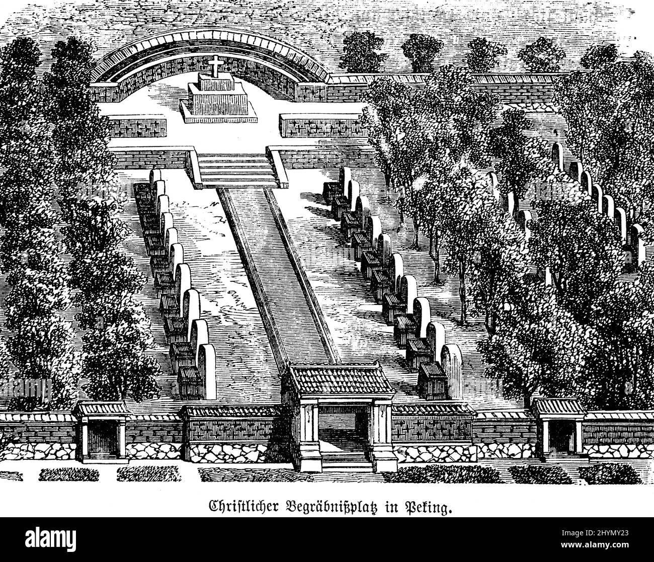 Christlicher Friedhof, Christentum, Grabstätte, Kreuz, gepflegt, Reihe, Pfad, Wand, Eingang, historische Abbildung 1885, Peking, China Stockfoto