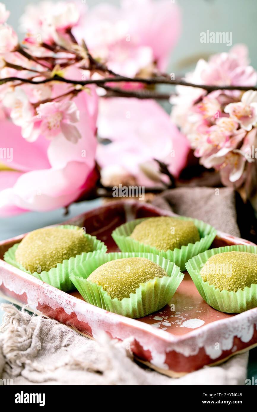 Nahaufnahme von asiatischen traditionellen Reis Dessert süßen grünen Matcha-Mochi in rosa Keramik-Gericht auf blauem Tisch. Frühling rosa Blumen im Hintergrund. Stockfoto