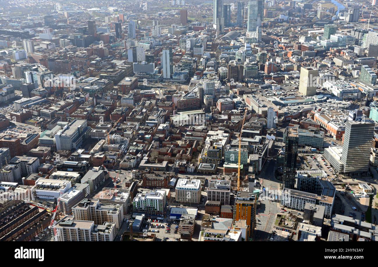 Luftaufnahme des Stadtzentrums von Manchester aus dem Osten mit Blick auf den Westen Stockfoto