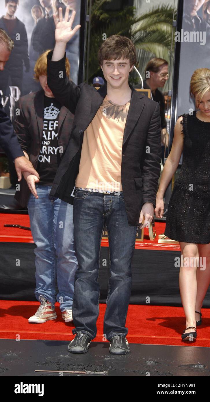 Daniel Radcliffe, Rupert Grint & Emma Watson nehmen an der „Harry Potter“-Zeremonie in Hollywood Teil. Bild: UK Press Stockfoto