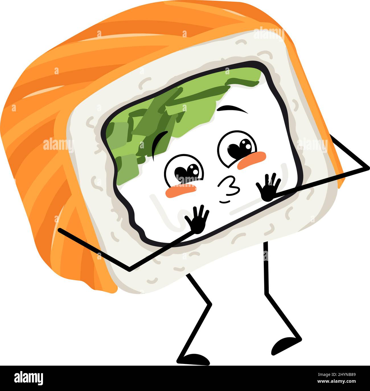 Sushi-Charakter mit Liebesgefühlen, lächelndes Gesicht, Arme und Beine. Person mit glücklicher Expression, asiatisches Essen Emoticon. Vektorgrafik flach Stock Vektor