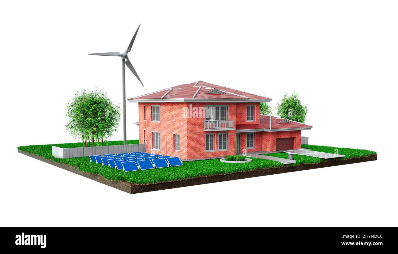Eco Brick House mit Sonnenkollektoren und Windturbine auf weißem Hintergrund, realistische 3D Rendering Abbildung Nahaufnahme Stockfoto
