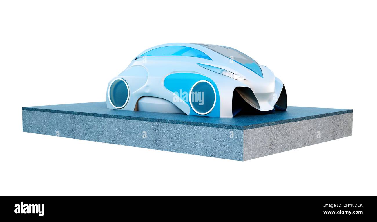 Futuristisches Elektroauto isoliert auf weißem Hintergrund, realistische 3D Rendering Illustration, futuristisches Konzept Stockfoto