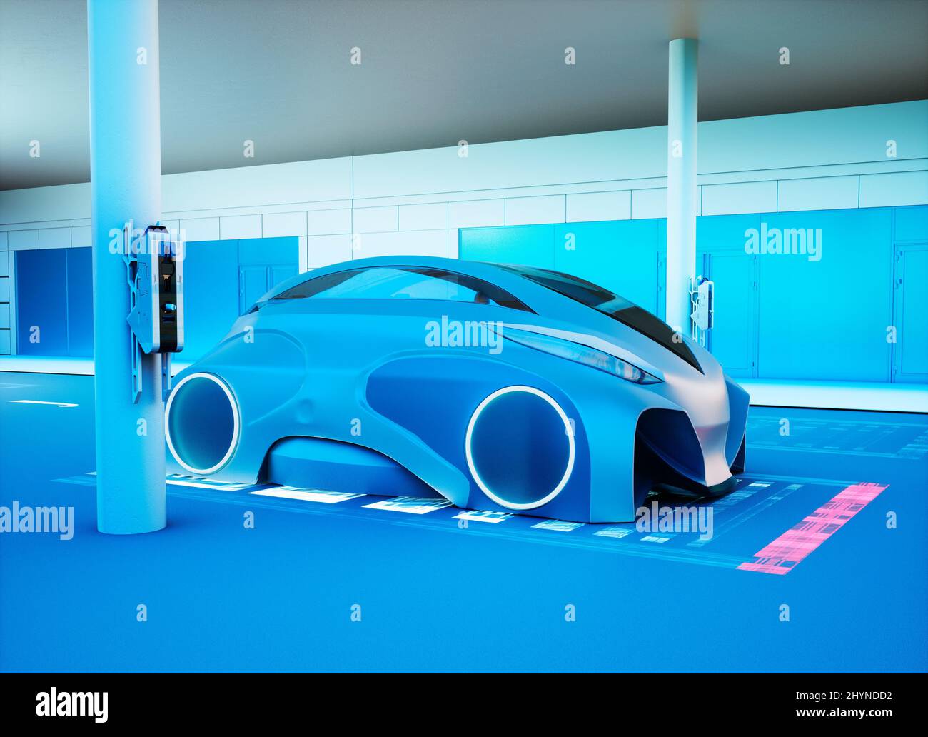 Futuristisches Elektroauto auf induktiver Ladestation, realistische 3D Rendering-Illustration, futuristisches Konzept Stockfoto
