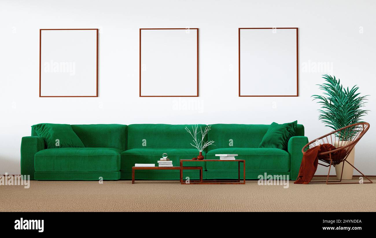 Innenraum des Wohnzimmers mit imitierten Rahmen an der Wand, realistische 3D Rendering Abbildung Nahaufnahme Stockfoto