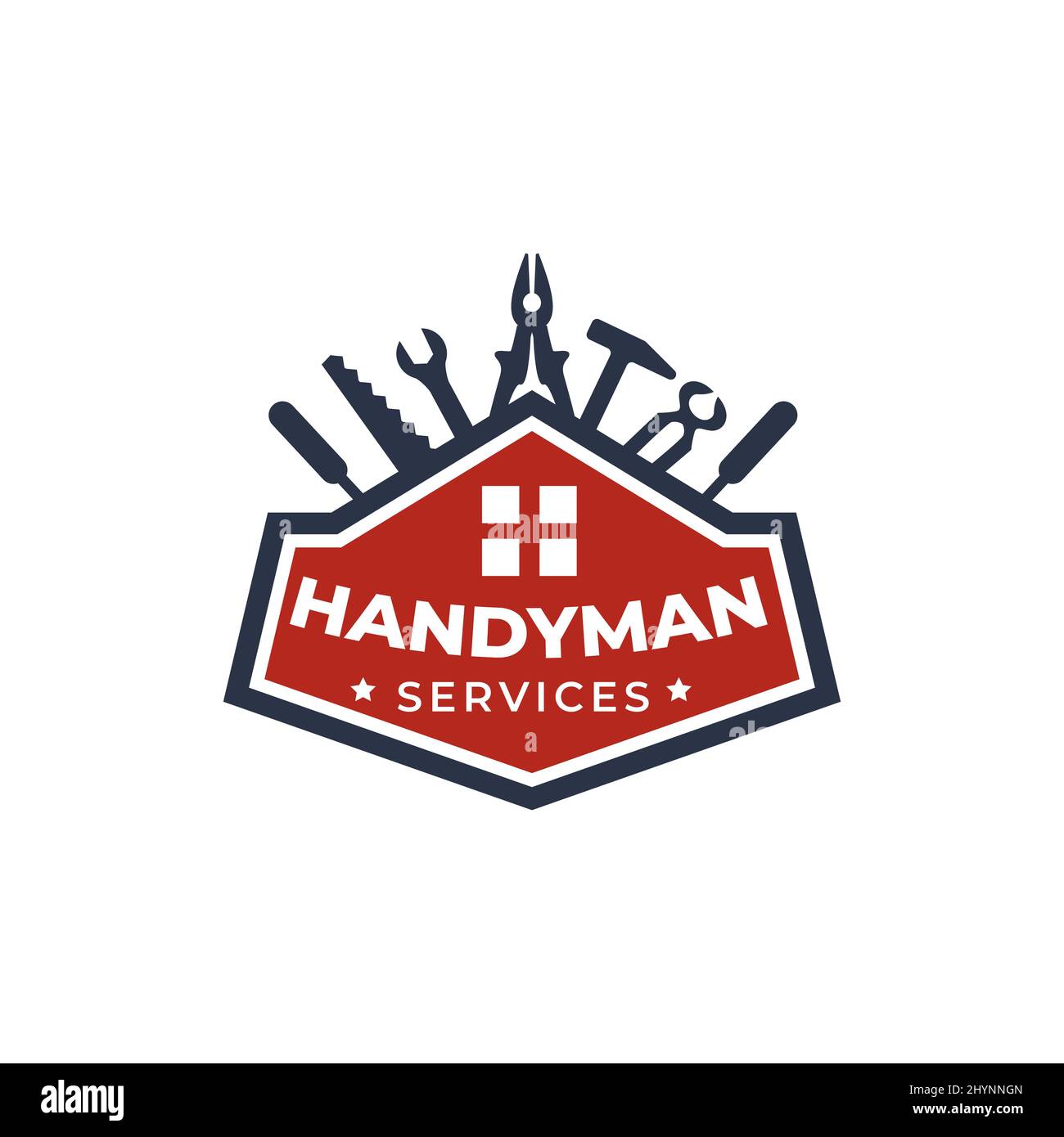 Logo-Design Symbol für Reparatur und Renovierung von Handyman-Werkzeugen mit Werkzeugen, Schraubenschlüssel, Schraubendreher, Hammer, Zange, Säge, Schrott. Stock Vektor
