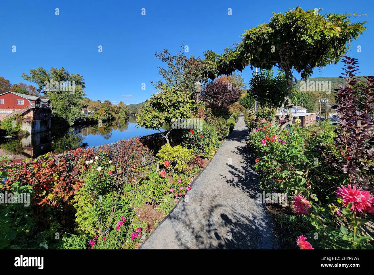 Die Bridge of Flowers überspannt den Deerfield River mit den sanften Hügeln des westlichen Massachusetts als Kulisse in Shelburne, MA im Herbst. Stockfoto