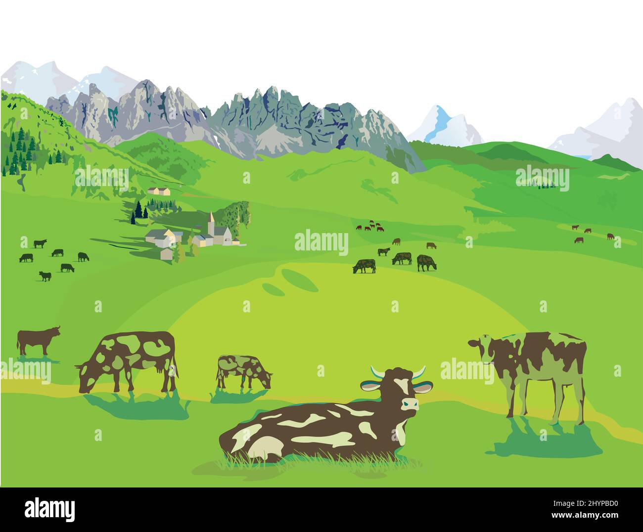 Bergpanorama mit Kühen auf der Alp, Illustration Stock Vektor