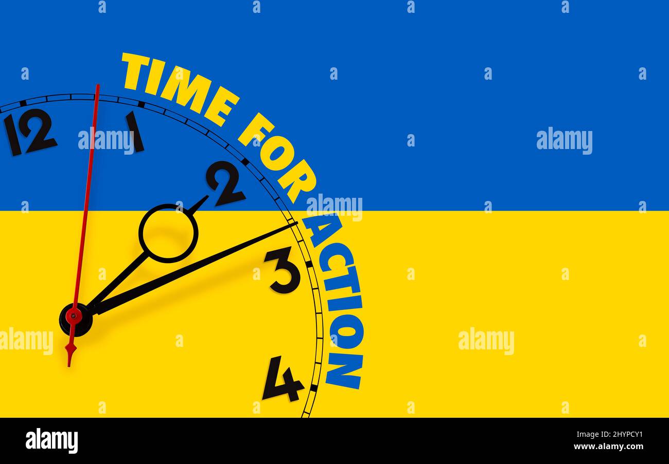 Uhr mit Zeit für Aktion auf ukrainischer Flagge Hintergrund. Shutdown-Konzept Stockfoto