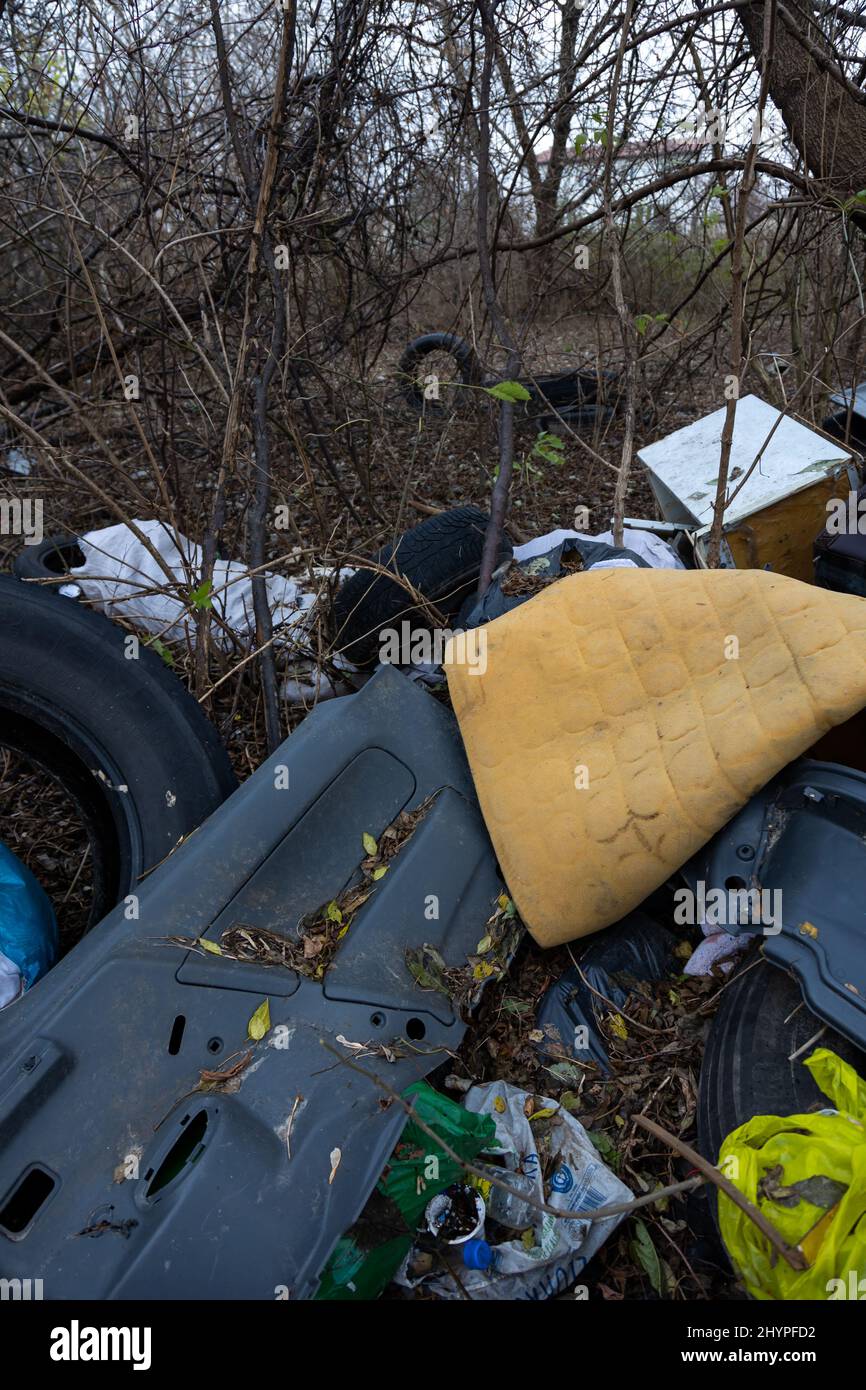 Illegale Müllhalde im Wald. Müll im Wald. Aufgenommen am bewölkten Tag, bei natürlichem Licht Stockfoto