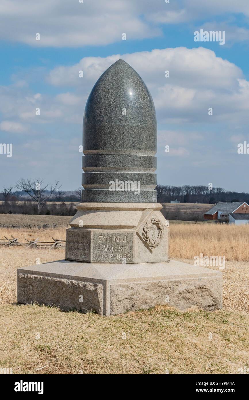 Denkmal für das 7. New Jersey Volunteer Regiment, Gettysburg National Military Park, Pennsylvania, USA Stockfoto