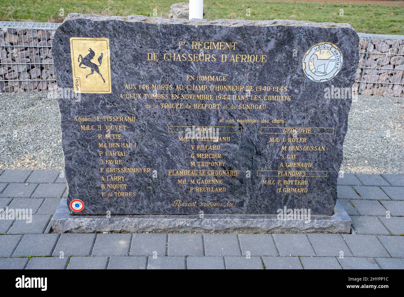 Neuf-Brisach, Frankreich - 19. Februar 2022: Memorial 1. Regiment of African Hunters. Sherman-Panzer. Selektiver Fokus Stockfoto