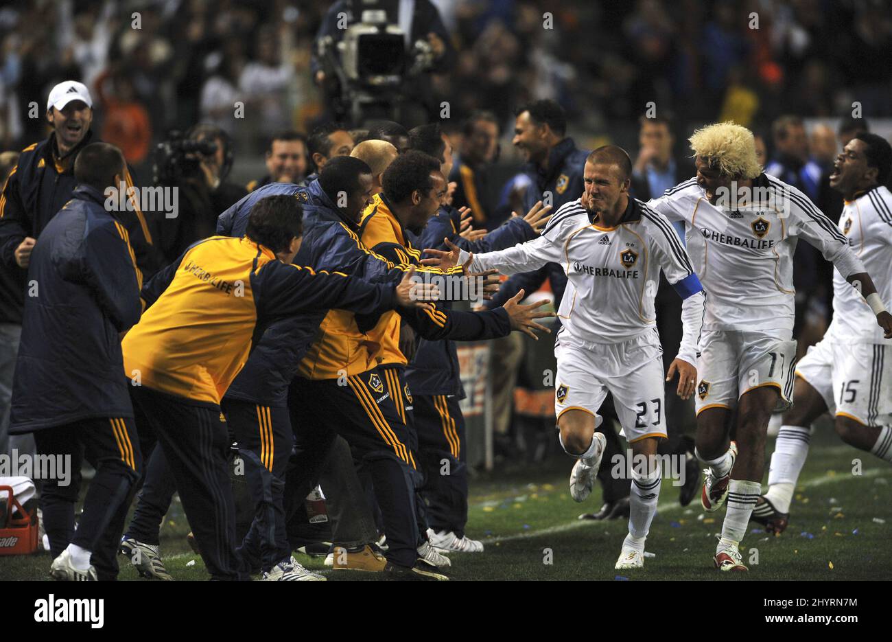 David Beckham spielt für LA Galaxy im Home Depot Center in Los Angeles. Stockfoto