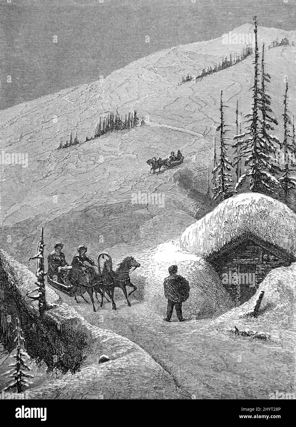 Pferdeschlitten überqueren den Surami Pass im Winter und den Gipfel der Likhi Range oder die Surami Bergkette, Teil des Kaukasus-Gebirges, in Georgien. Vintage Illustration oder Gravur 1860. Stockfoto