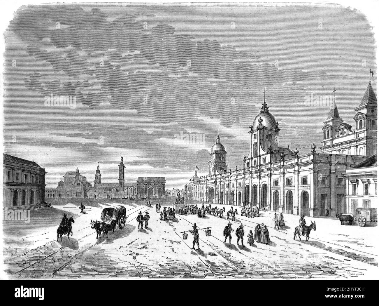 Historischer Blick oder früher Blick auf die Hauptstraße von La Alameda Santiago Chile. Vintage Illustration oder Gravur 1860. Stockfoto