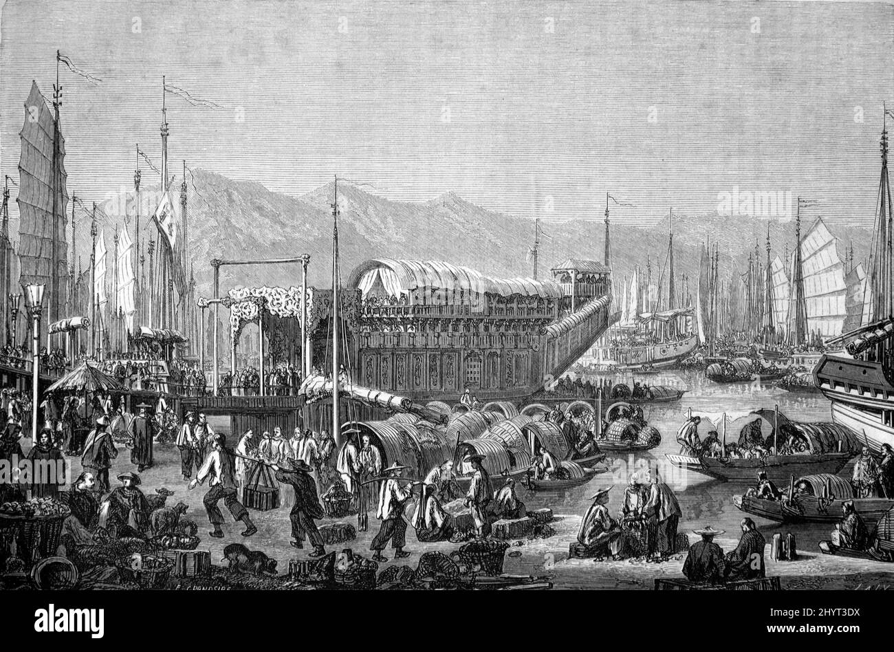 Bateau des Fleurs oder Blumenboot für das Festival of Flowers Shanghai China dekoriert. Vintage Illustration oder Gravur 1860. Stockfoto