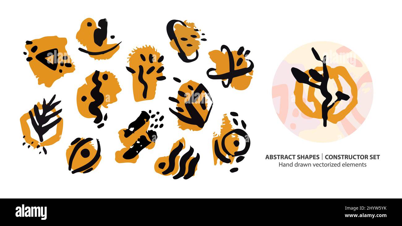 Abstrakte handgezeichnete Pinselformen im organischen Stil Set. Vector Elements Kollektion von trendigen Pinselstrichen und grafischen Formen und Linien. Füllstoff modern Stock Vektor