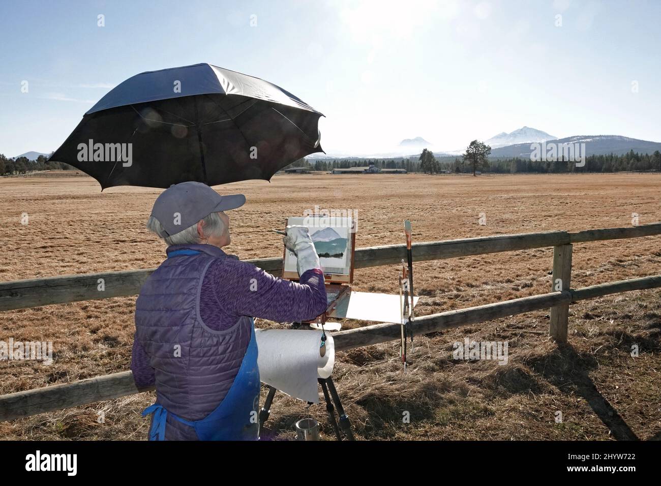 Ein Plein-Luftmaler, der eine Landschaft im Zentrum von Oregon der Cascade Mountains malte, Sisters, Oregon Stockfoto