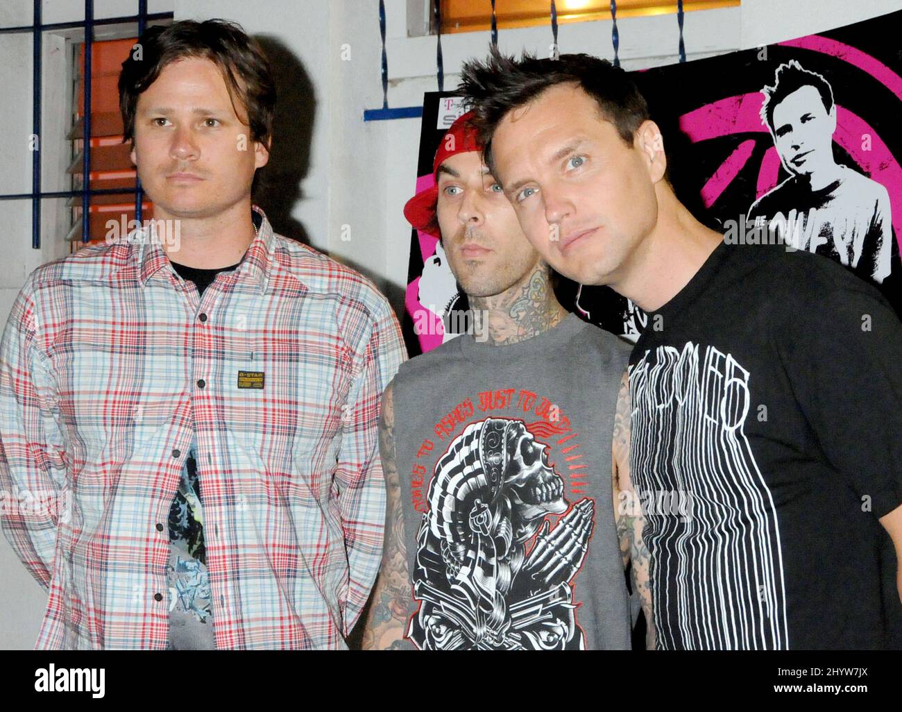 Tom Delonge, Travis Barker und Mark Hoppus von „Blink-182“ bei der Ankündigung der Sommerkonzerttour von Blink-182 im Restaurant El Compadre, Los Angeles, USA Stockfoto