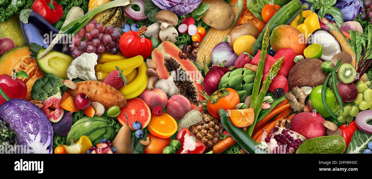 Obst und Gemüse Hintergrund oder Vegan und Veganismus oder gesunde Lebensmittel als Gruppe von frischen reifen Früchten und Nüssen mit Bohnen als Ernährungssymbol für den Verzehr. Stockfoto