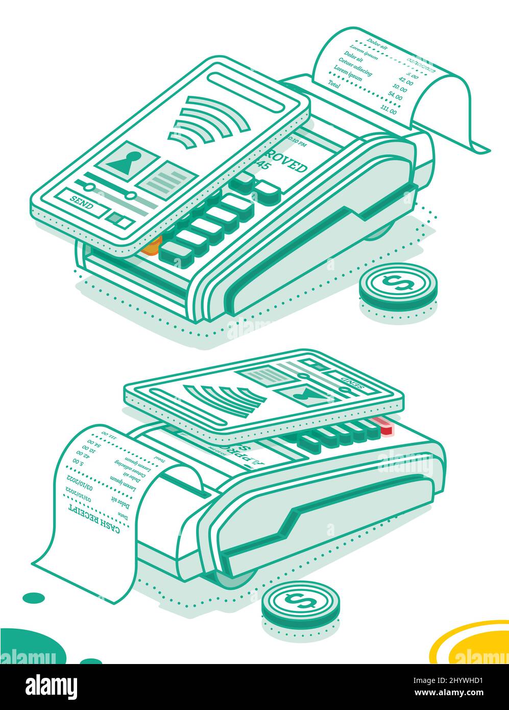 Isometrisches POS-Terminal mit Smartphone und Kassenbon auf weißem Hintergrund isoliert. Zahlungsmaschine. Sichere kontaktlose NFC-Zahlung. Stock Vektor
