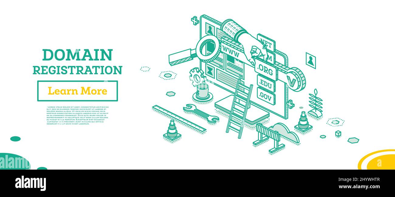 Domänenregistrierung. Isometrisches Geschäftskonzept mit Monitor und Hand. Vektorgrafik. Auswählen einer URL-Adresse und eines Namens der Domänenzone. Stock Vektor
