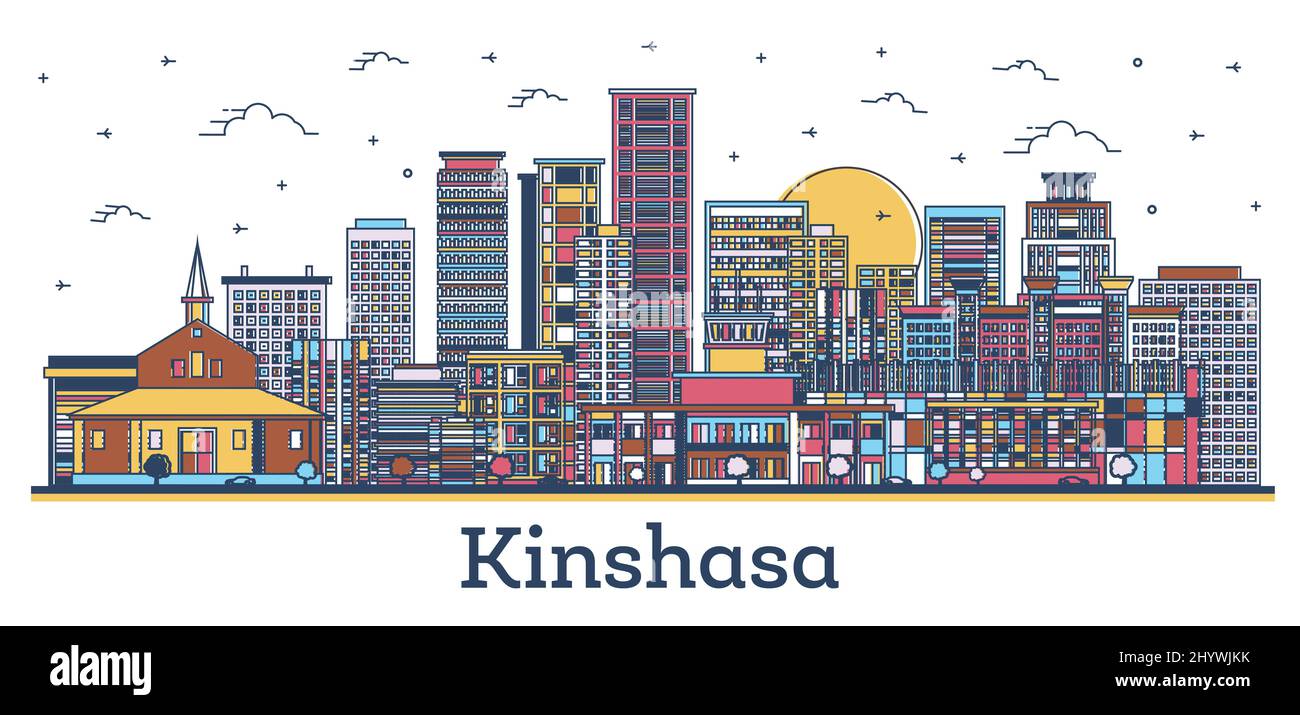Skizzieren Sie Kinshasa Congo City Skyline mit modernen farbigen Gebäuden isoliert auf Weiß. Vektorgrafik. Kinshasa Afrika Stadtbild mit Wahrzeichen. Stock Vektor