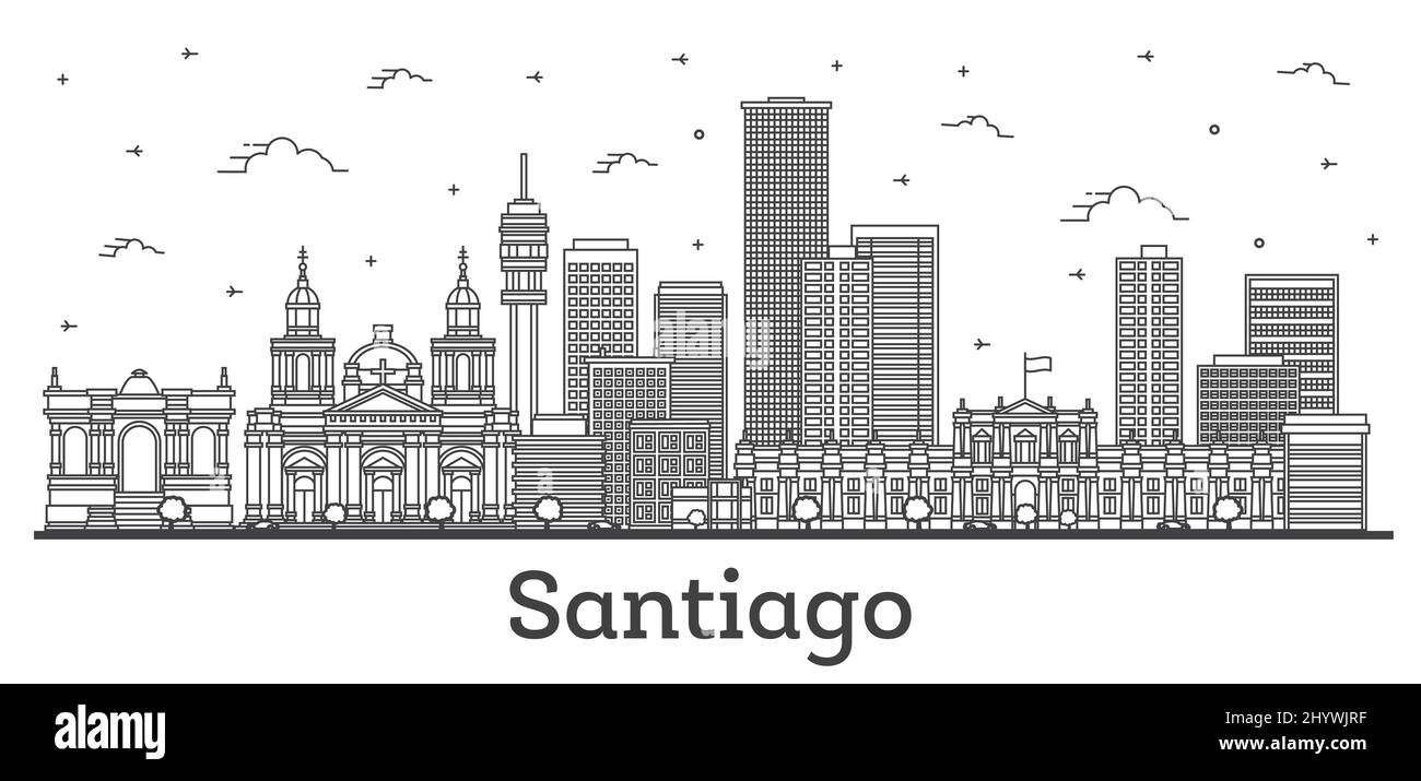 Skizzieren Sie die Skyline von Santiago Chile mit modernen und historischen Gebäuden, die auf Weiß isoliert sind. Vektorgrafik. Stadtbild von Santiago mit Wahrzeichen. Stock Vektor