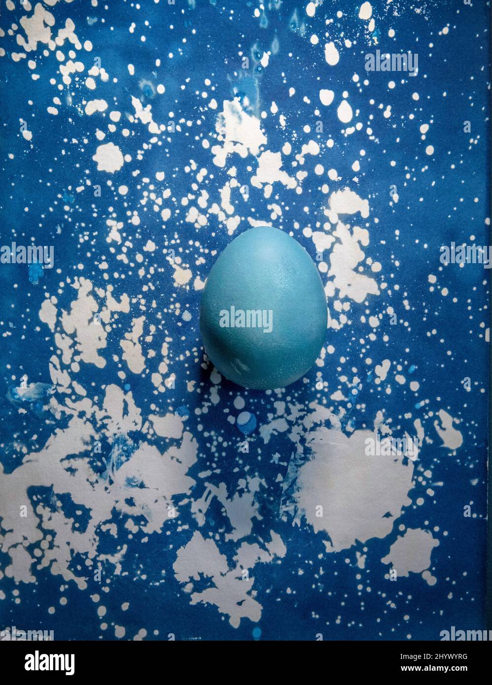 Stillleben eines gefärbten Eies auf einem Cyanotyp-Hintergrund. Stockfoto
