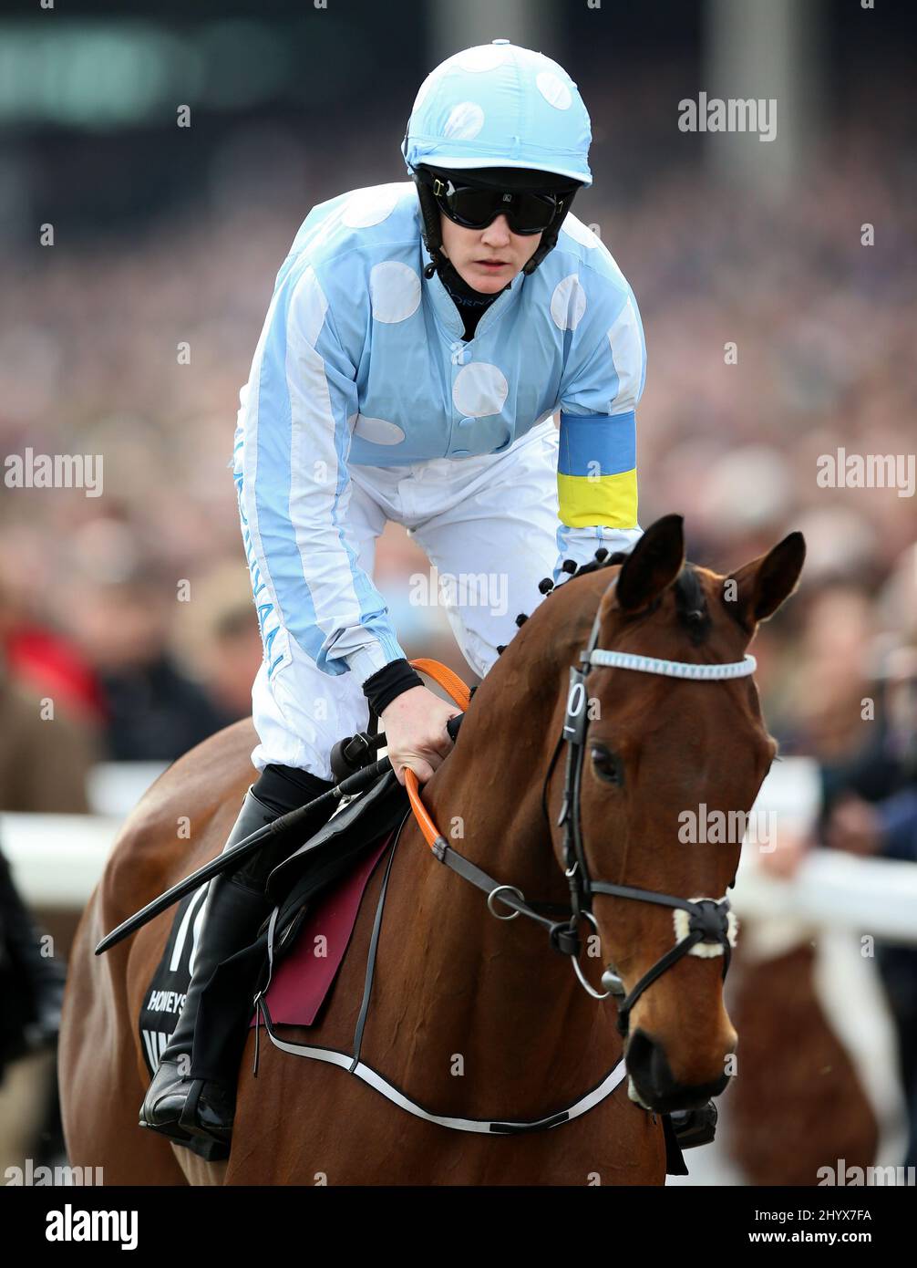 Geißelreiten von Rachael Blackmore beim Start der Unibet Champion Hurdle Challenge Trophy am ersten Tag des Cheltenham Festivals auf der Cheltenham Rennbahn. Bilddatum: Dienstag, 15. März 2022. Stockfoto