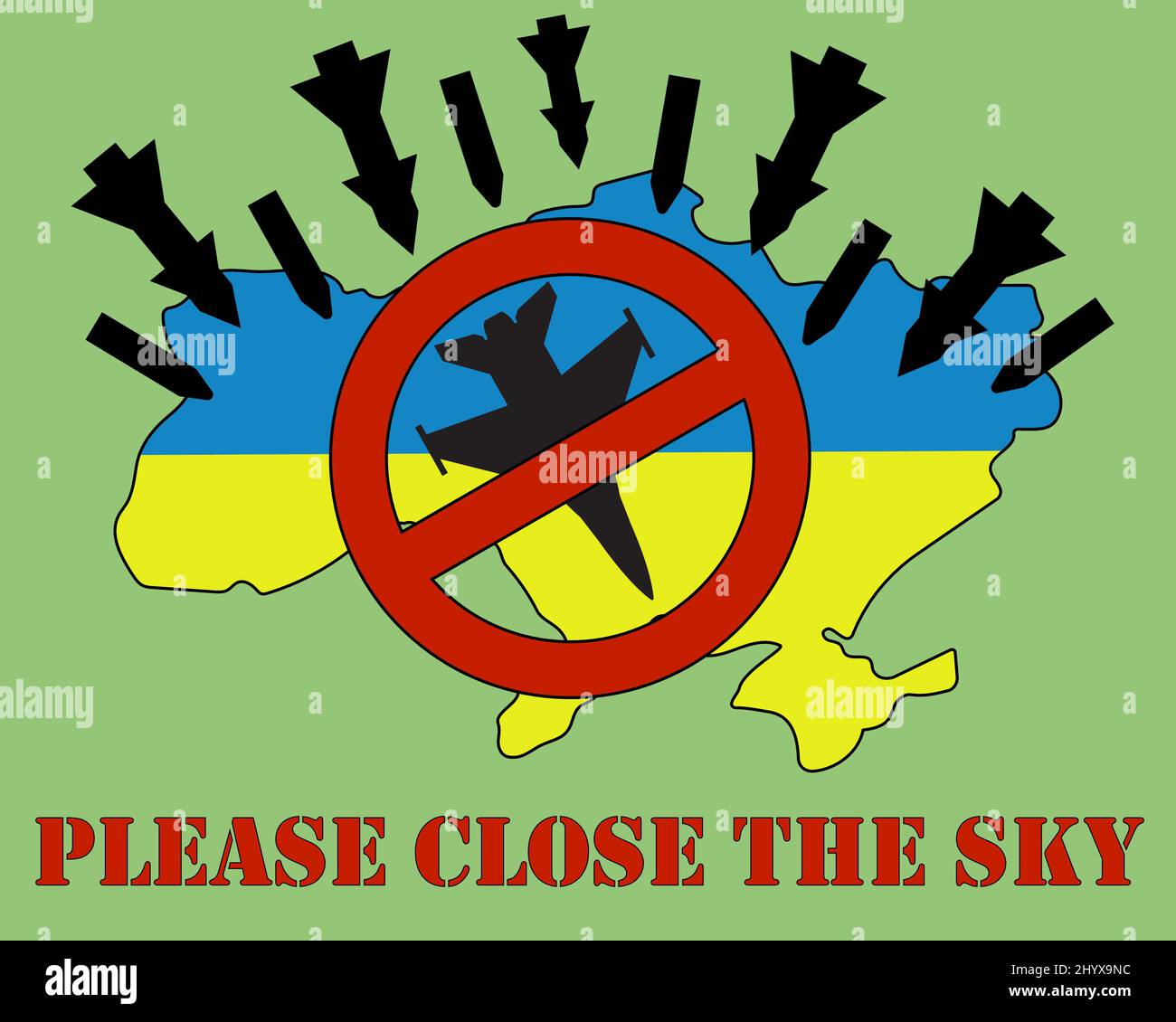 Krieg in der Ukraine. Russische Invasion. Schließt den Himmel über der Ukraine. Karte in gelb und blau, Hände, Raketen, Flugzeuge Stock Vektor