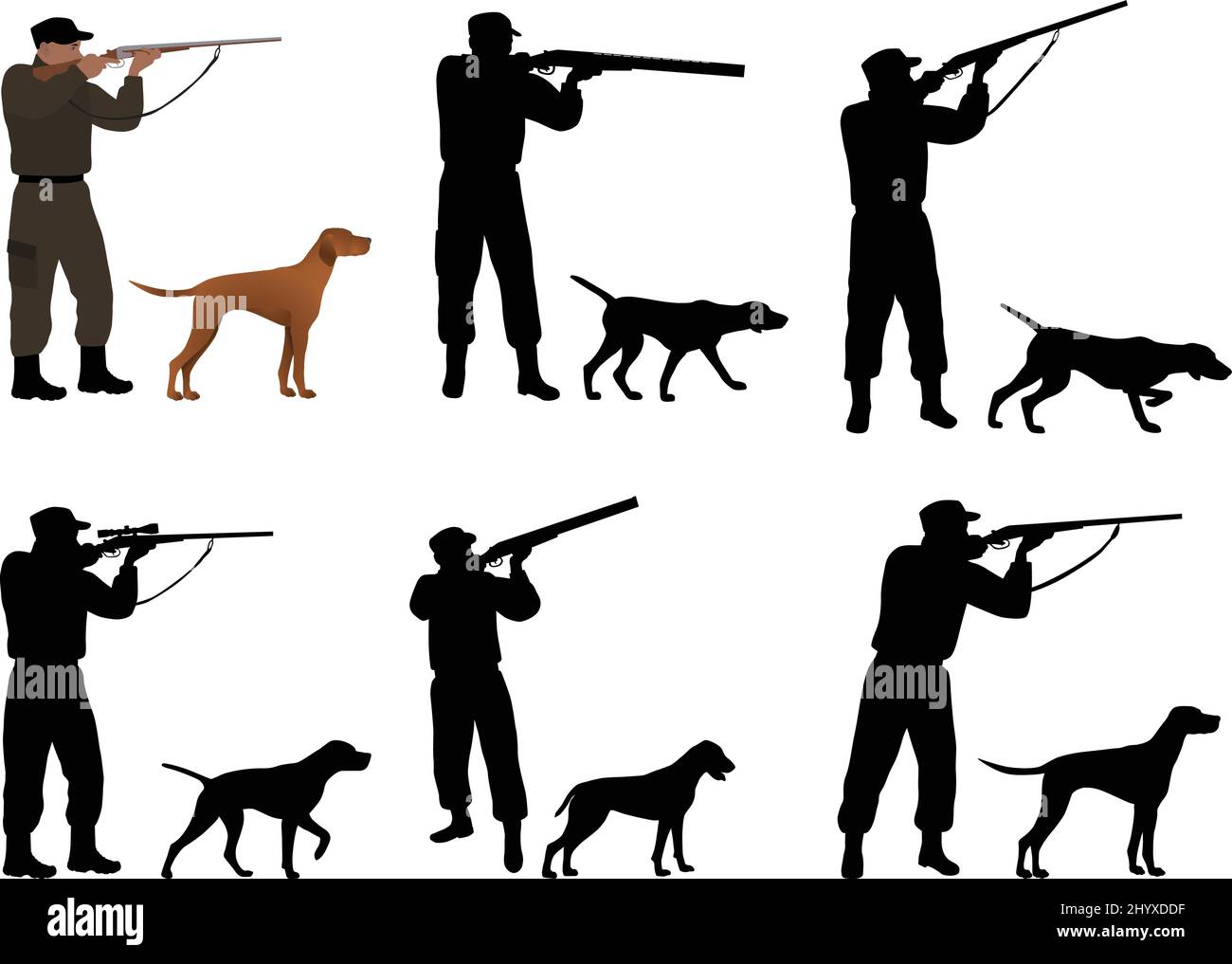 Sammlung von Silhouetten von Jägern mit Hunden Stock Vektor