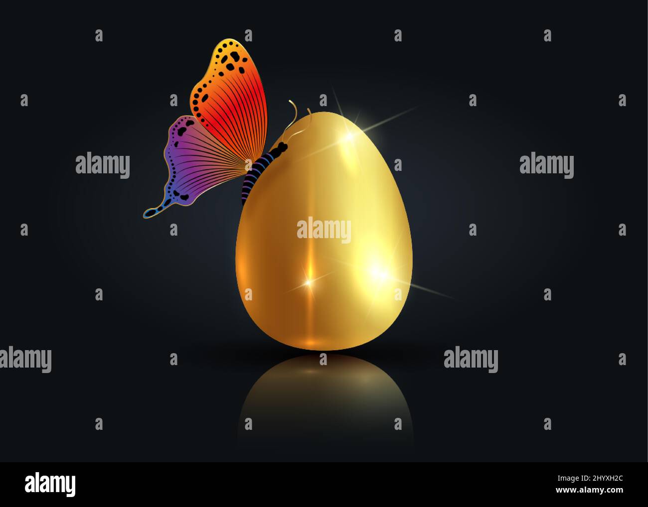 Realistisches goldenes Ei mit luxuriösen bunten Schmetterling, Ostern Konzept Vektor-Illustration isoliert auf schwarzem Hintergrund Stock Vektor