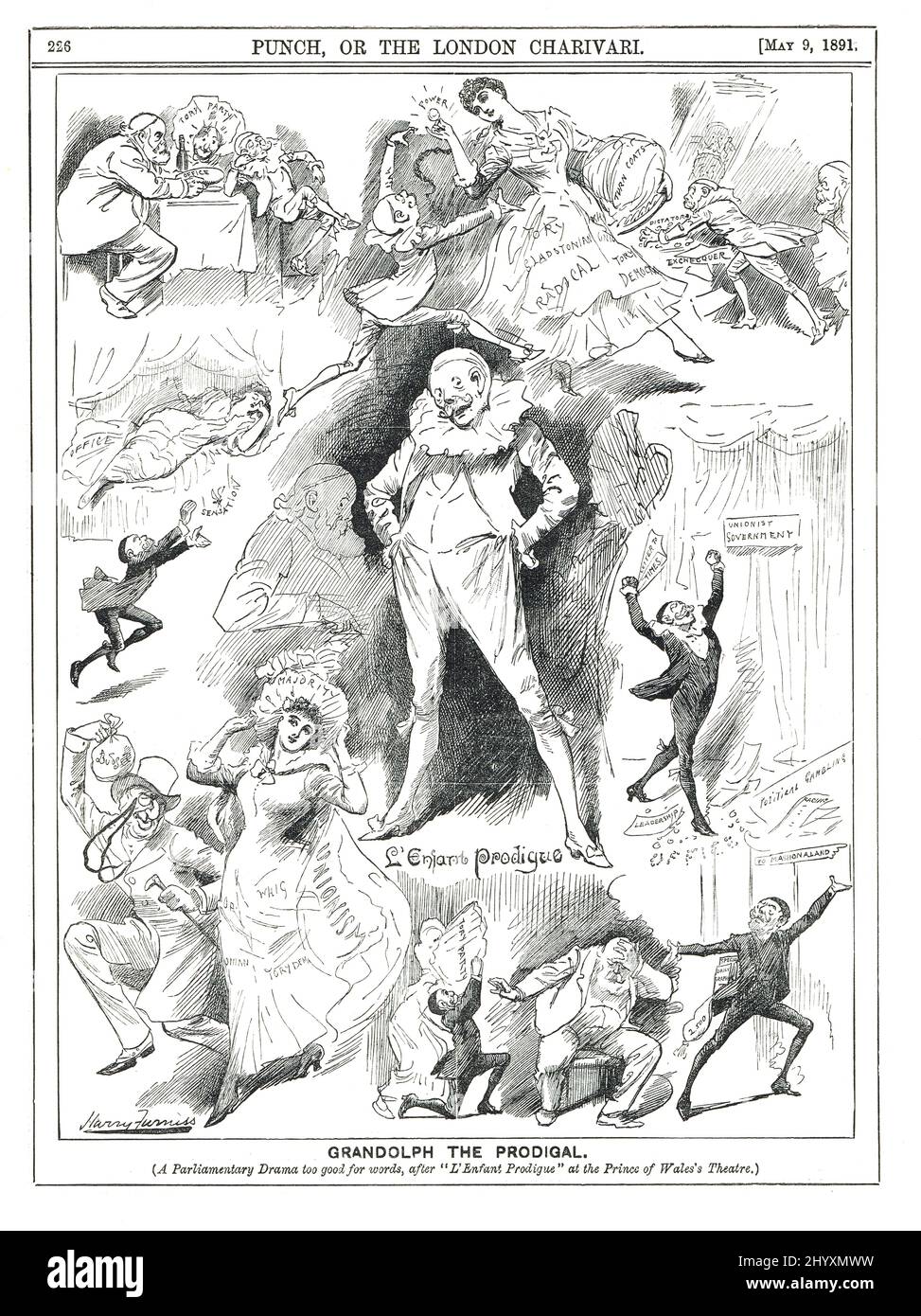 Grandolph, der Wunderkind. Punch Cartoon von 1891 von Harry Furniss, der Randolph Churchill als Wunderkind L'enfant Wunderkind lahmte Stockfoto