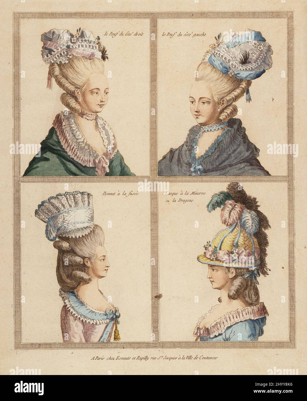 Frankreich, Rapilly, 18. Century Print zeigt Kopfschmuck Gravur, handgetönte Gouache 11 5/8 in. X 9 3/8 Zoll (29,5 x 23,8 cm). Frankreich, Rapilly, 18.. Jahrhundert. Drucke; Gravuren. Gravur, handgetönte Gouache Stockfoto