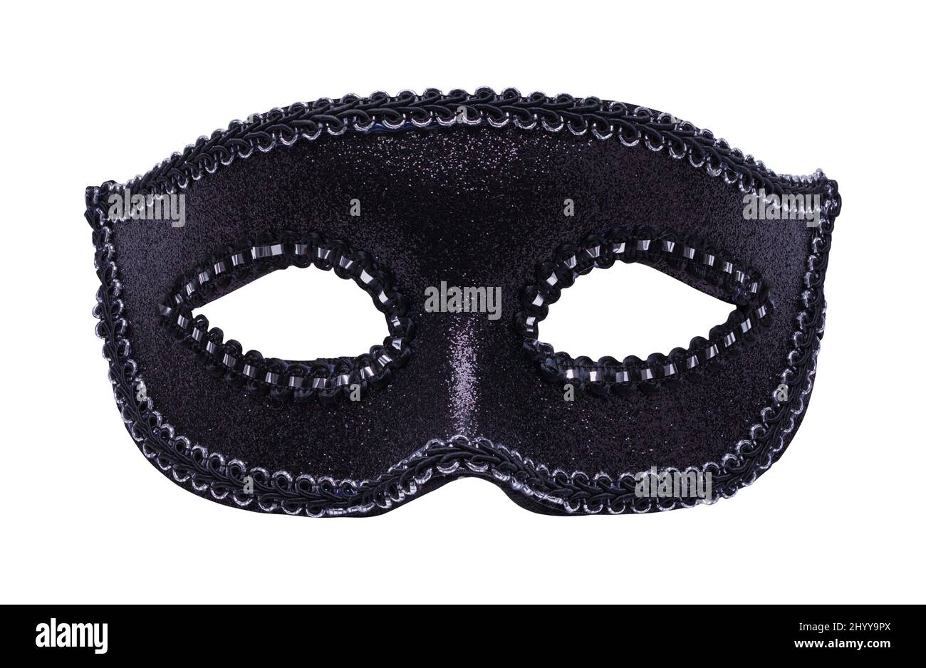 Schwarze Venezianische Maske auf Weiß ausgeschnitten. Stockfoto