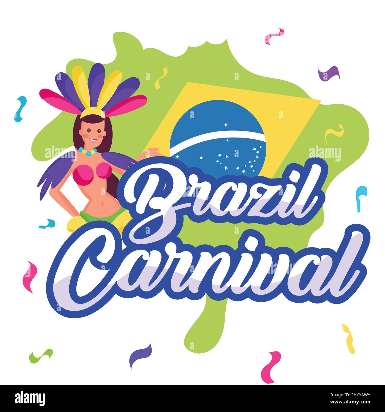 Brasilien Karnevalsplakat Karte von Brasilien und Mädchen mit traditioneller Kleidung Vektor Stock Vektor