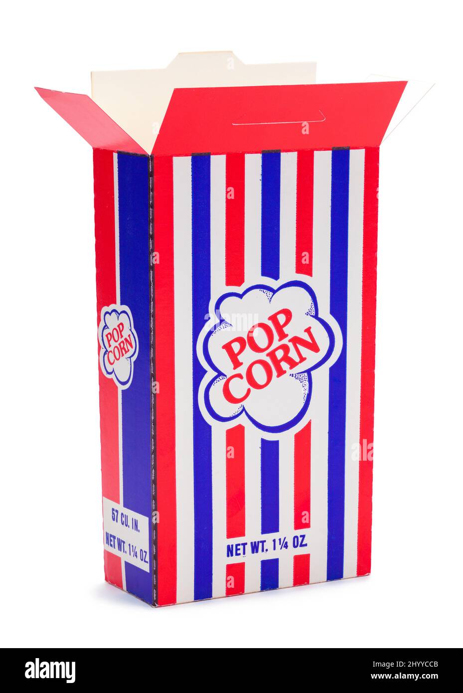 Retro Open Popcorn Box auf Weiß ausgeschnitten. Stockfoto