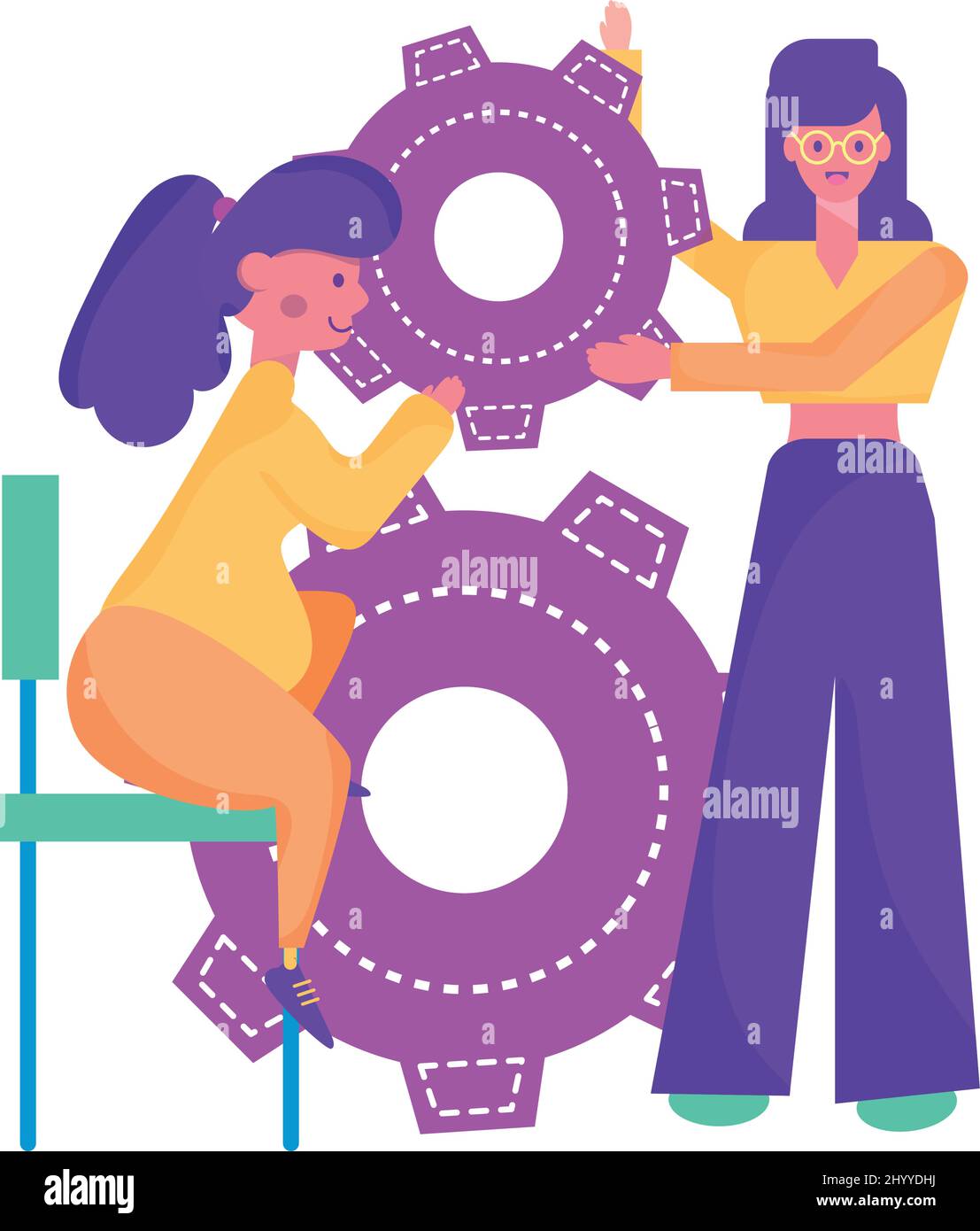 Zwei Frauen halten Getriebe Stücke Teamwork Concept Vector Stock Vektor