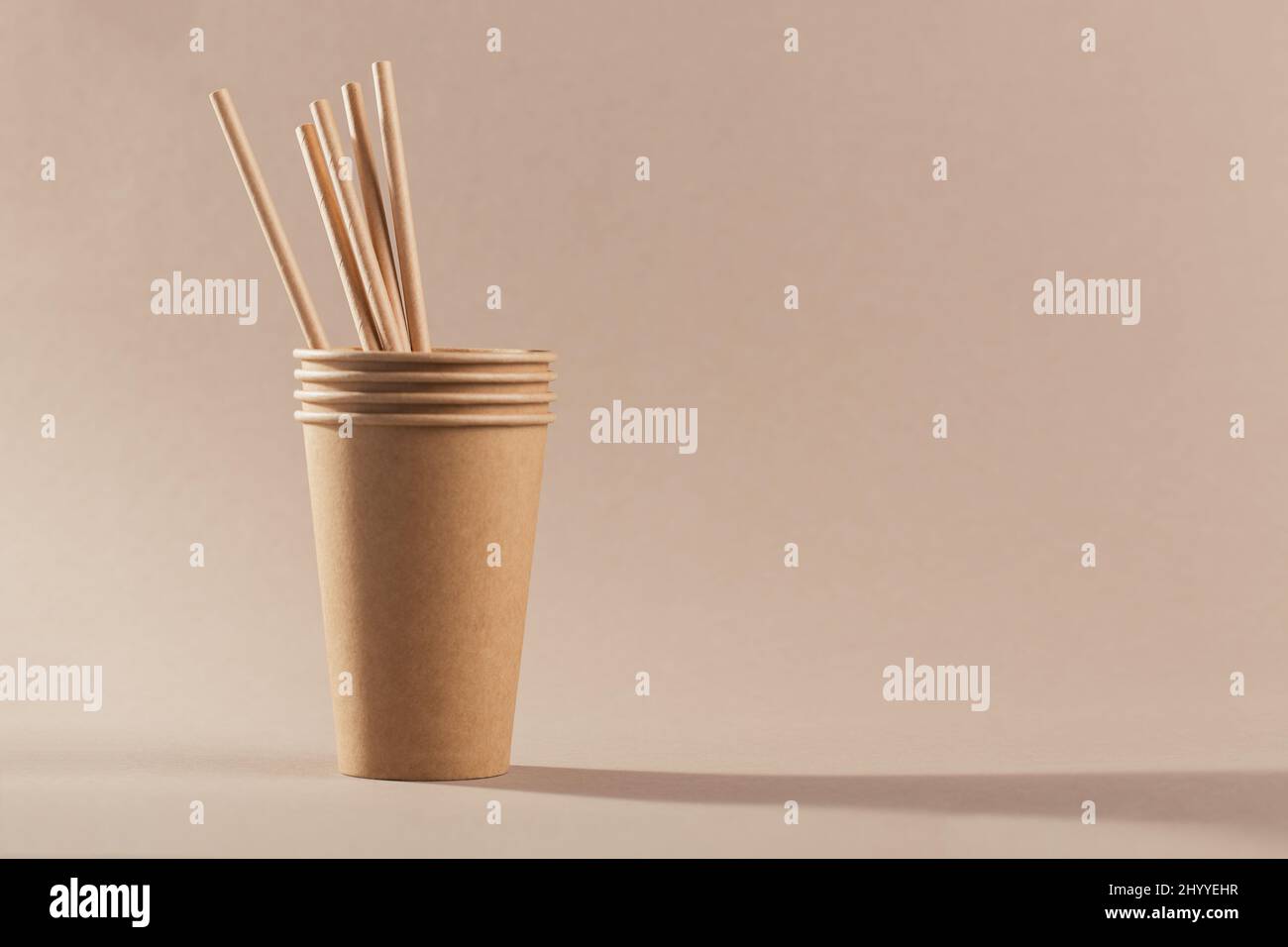 Catering und Street Fast Food Pappbecher und Trinkhalme. Zubehör zum Essen und Trinken im Freien. Ökologie, Recycling-Konzept. Stockfoto