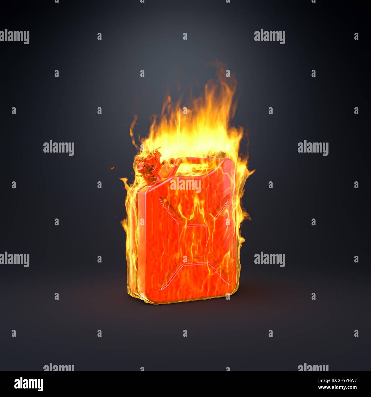 Benzinkann, die in Flammen steht. 3D Rendern Stockfoto