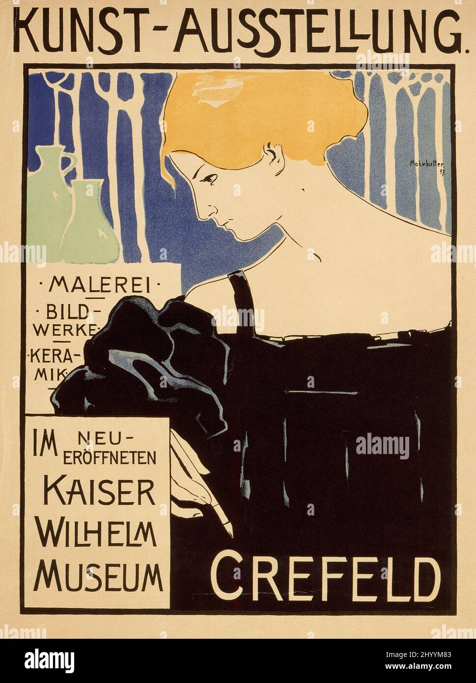 Kunstausstellung im kürzlich eröffneten Kaiser Wilhelm Museum in Krefeld. Alfred Mohrbutter (Deutschland, 1867-1916). Deutschland, 1897. Drucke; Poster. Lithographie gedruckt in schwarz, blau, gelb und grün auf schwerem Wove-Papier Stockfoto