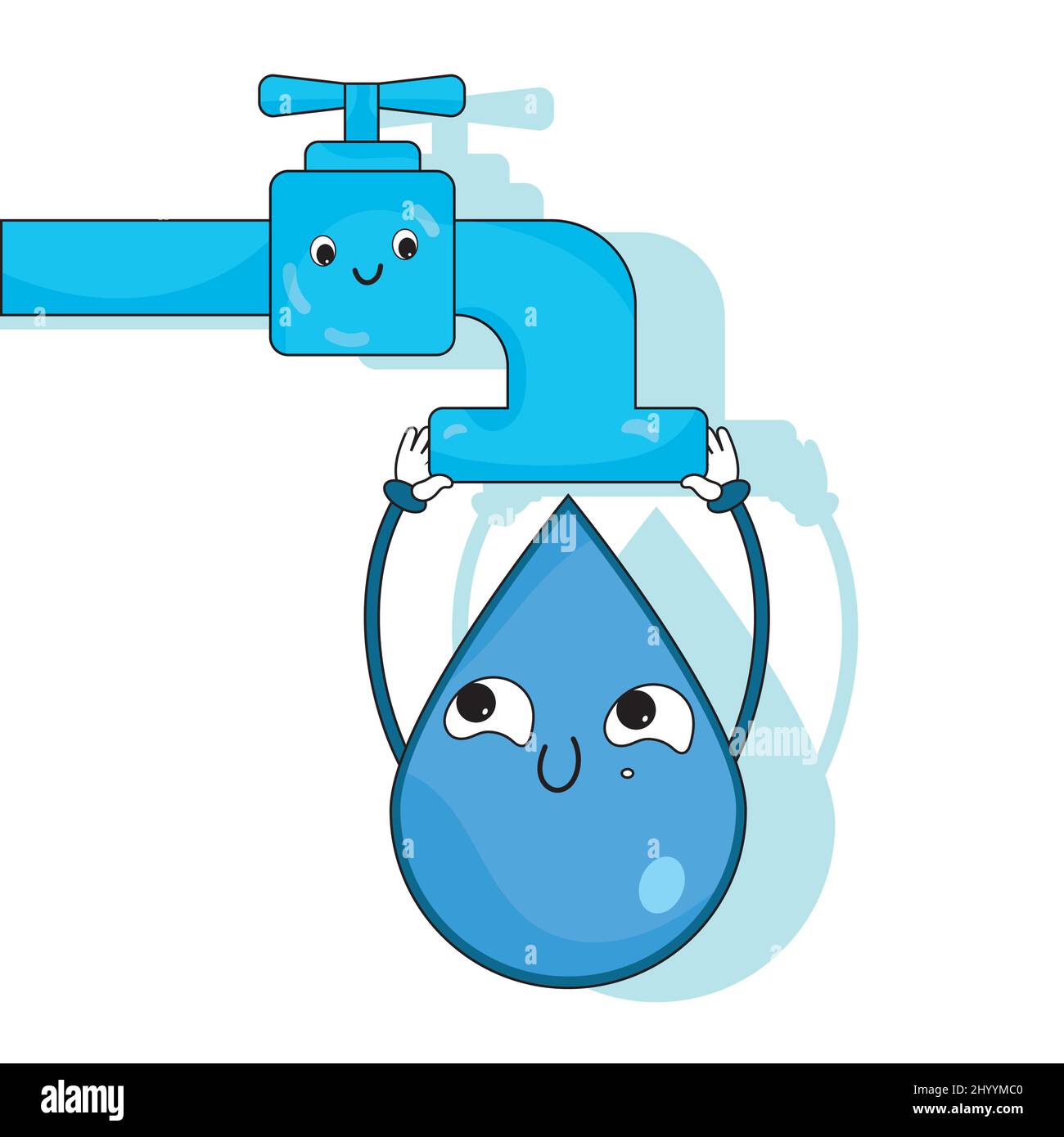 Isoliert glücklich Wassertropfen Cartoon hängen von einem Wasserhahn Vektor Stock Vektor