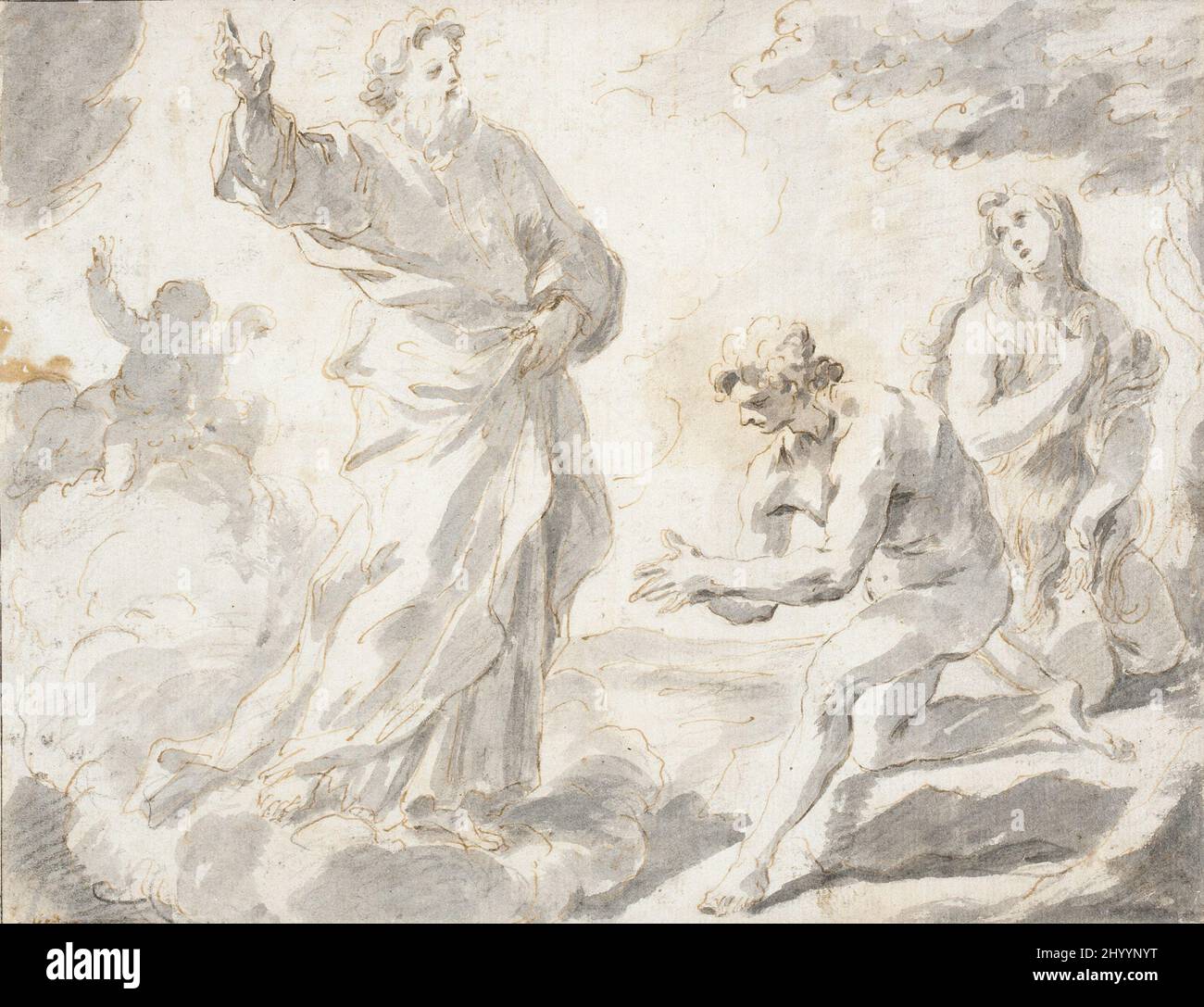 Gott vertreibt Adam und Eva. Giuseppe Ghezzi (Italien, Comunanza, 1634-1721). Italien, um 1698. Zeichnungen. Stift und braune Tinte und grau waschen mit Spuren von schwarzer Kreide Stockfoto